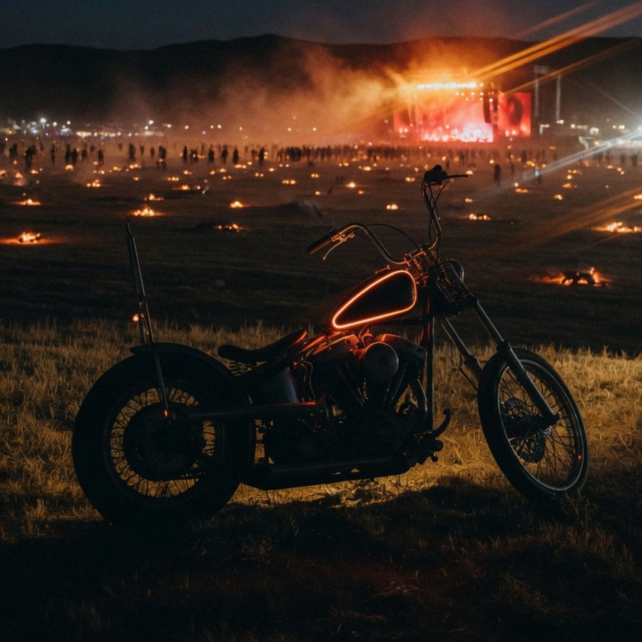 A chopper parked on open ground at dusk, campfires and stage lights beyond